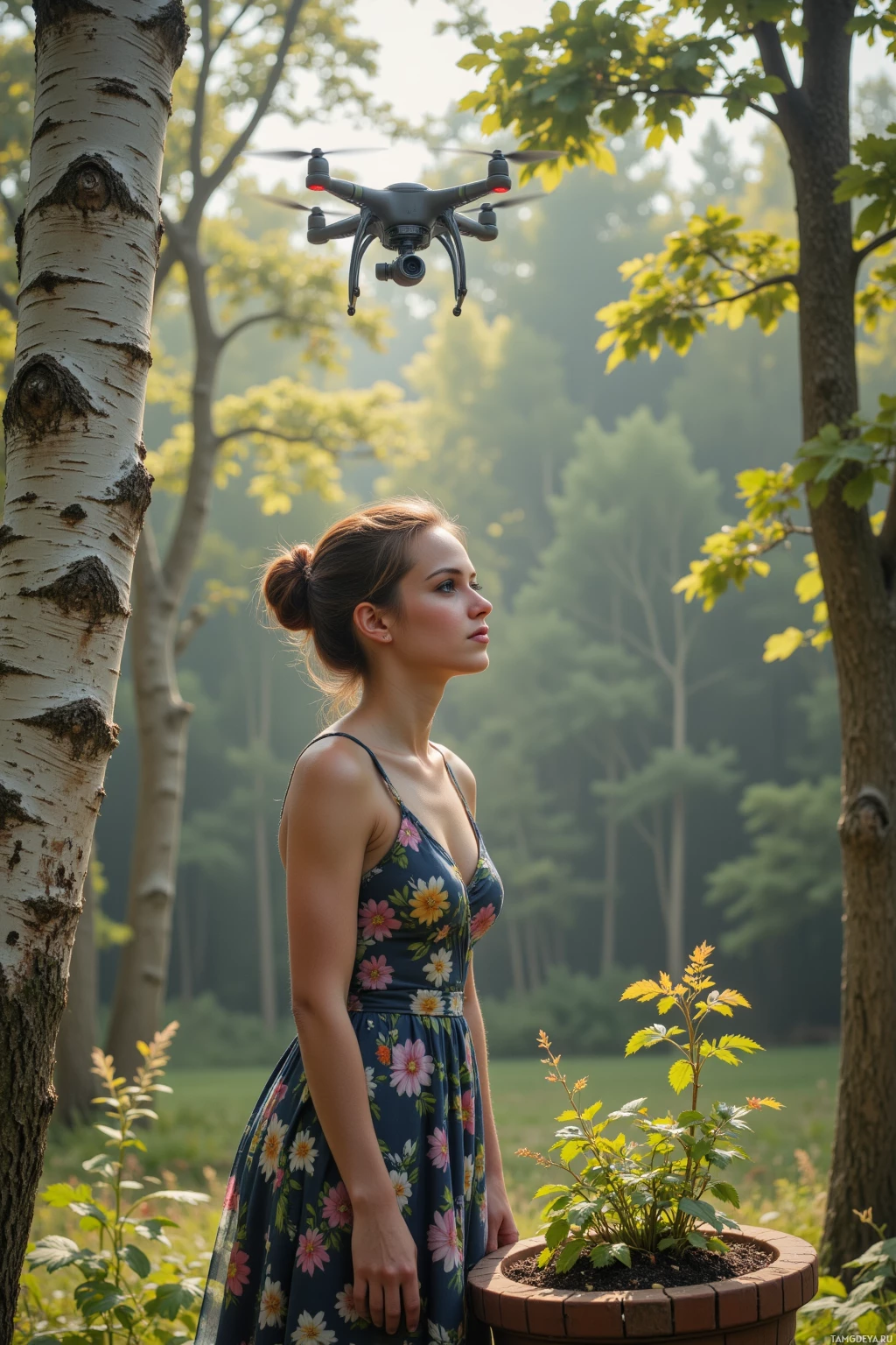 A woman in a floral dress stands beside a potted plant while a drone hovers above her in a forest setting.