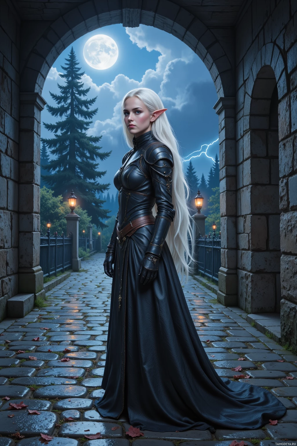 A woman in dark leather armor stands under an archway at night with a full moon and lightning in the background.
