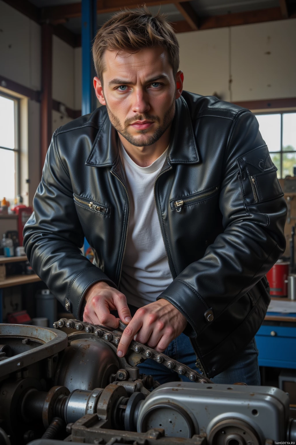 A person wearing a black leather jacket is working on machinery in what appears to be a workshop setting.