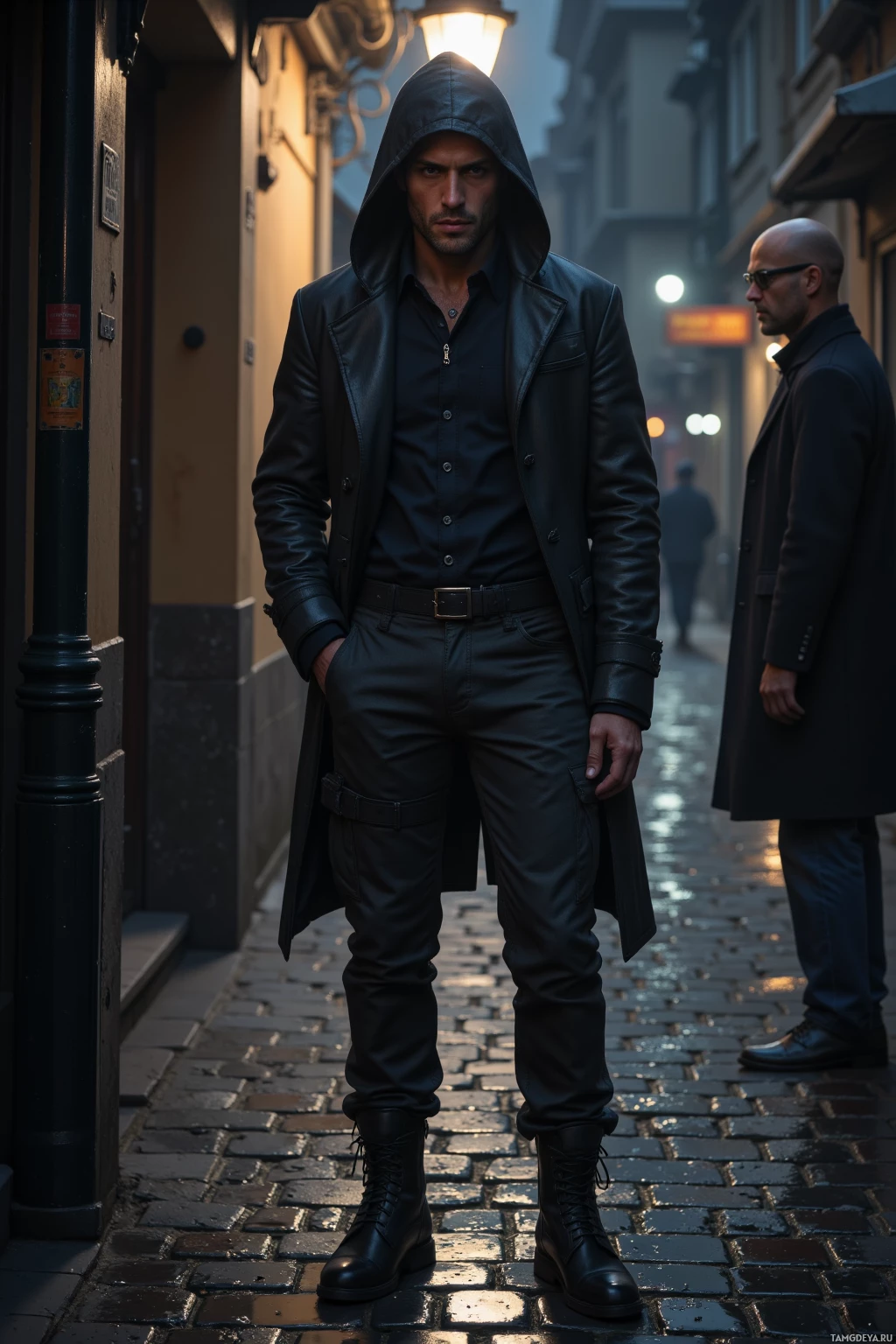 A man in a black hooded coat and pants stands on a cobblestone street at dusk.