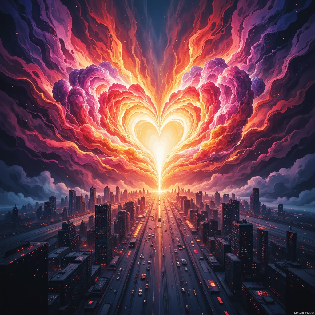 A vibrant cityscape with a heart-shaped burst of fiery clouds above.