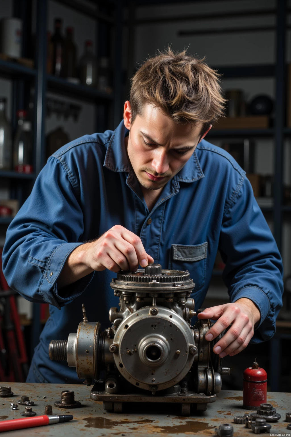 Realistic high quality photo. A 32‑year‑old mechanic with short messy brown hair and blue eyes in a worn blue jumpsuit, intensely repairing a motorcycle engine’s worm gear on an oil‑stained workbench surrounded by scattered tools under dim industrial light.