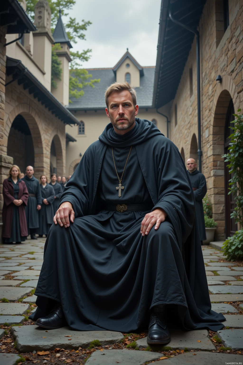 A man in a dark robe with a cross necklace sits on a stone path in a courtyard surrounded by stone buildings.