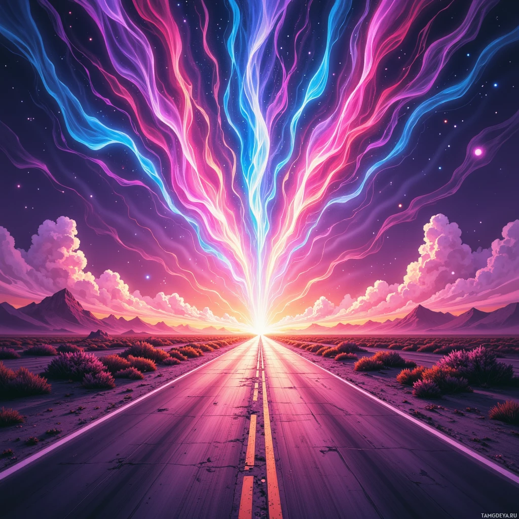A surreal landscape features a straight road leading towards a radiant horizon with vibrant, swirling colors in the sky and clouds.