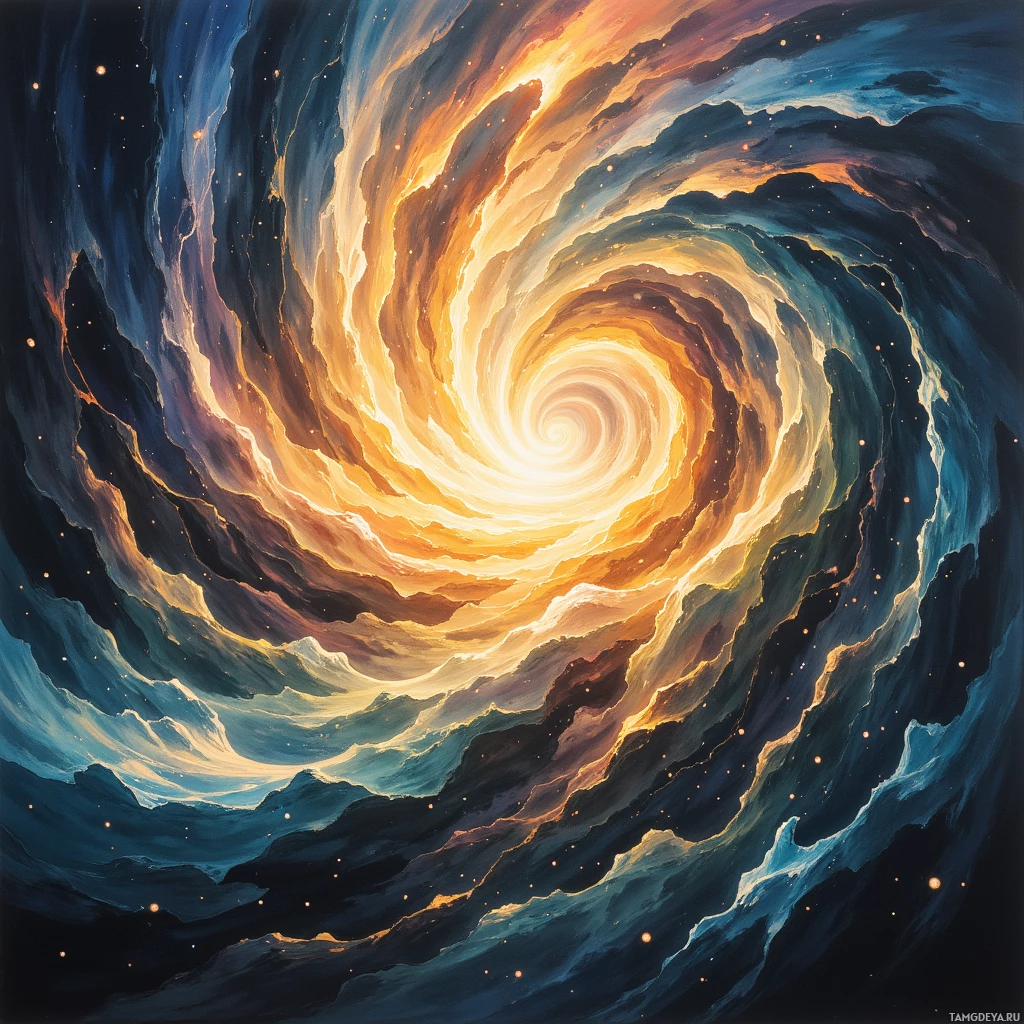 A swirling cosmic vortex with vibrant orange and blue hues and scattered stars.
