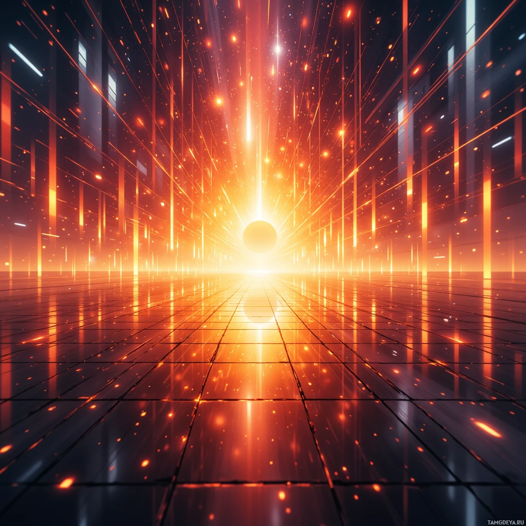 A futuristic, glowing corridor with a bright light at the end.