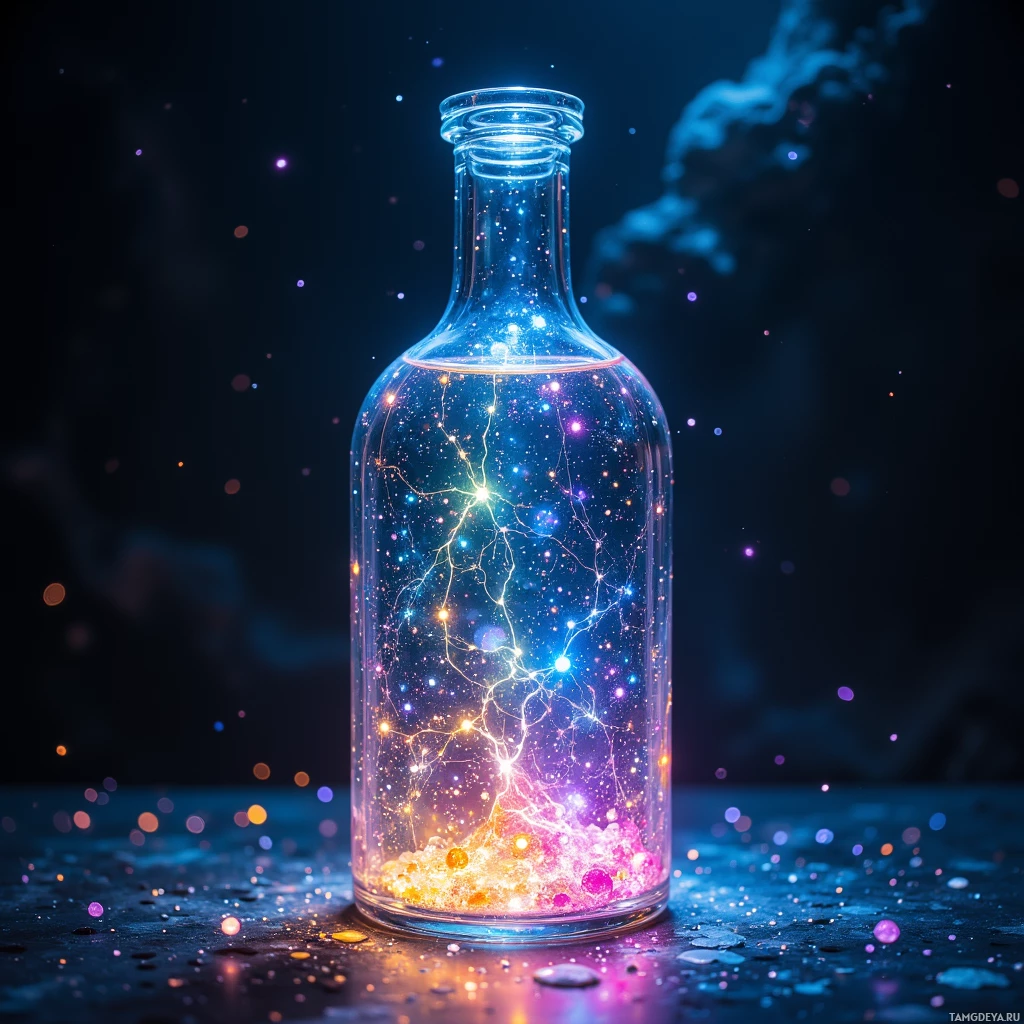 A glass bottle filled with glowing, colorful particles and light trails against a dark background.
