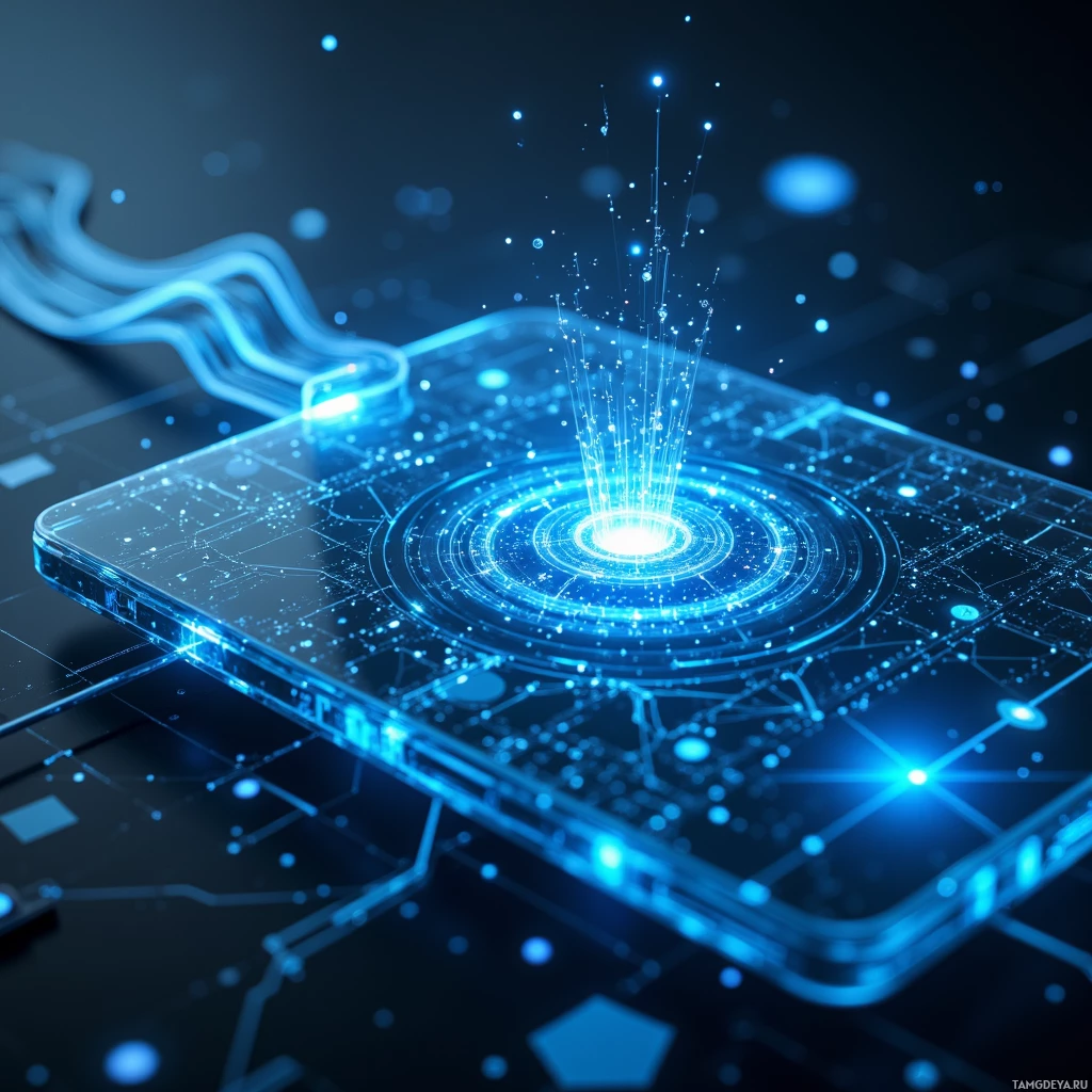 A futuristic, glowing blue interface with a central circular design and radiating light beams.