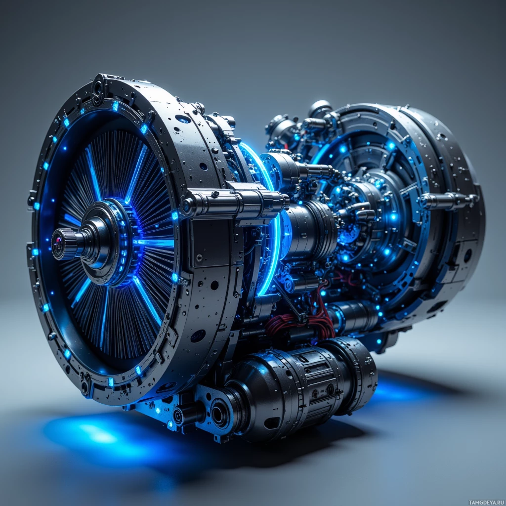 A futuristic mechanical engine with glowing blue lights and intricate components.