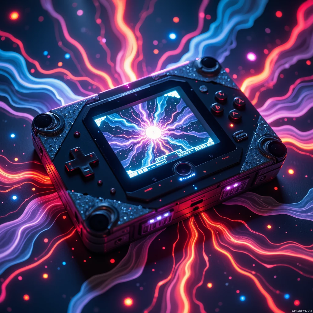 A futuristic handheld gaming device with a glowing screen and vibrant neon background.