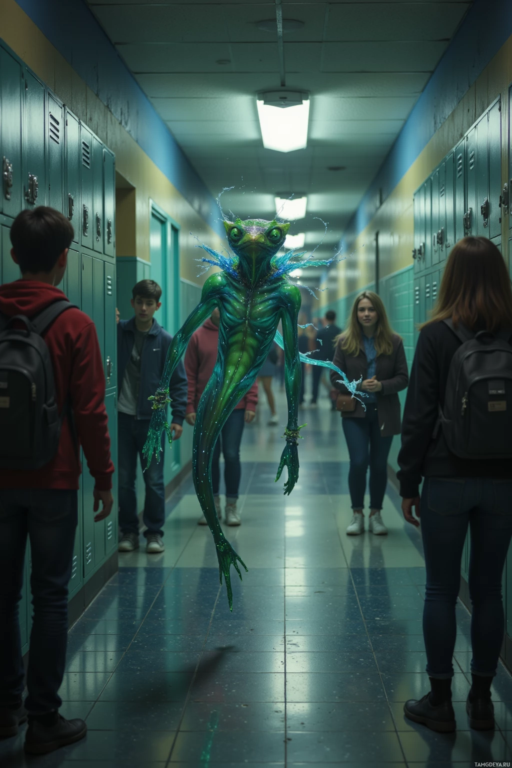 A green alien figure with long limbs and glowing eyes appears in a school hallway surrounded by students.