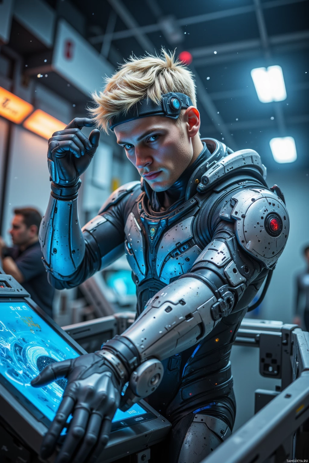 A person in futuristic armor interacts with a high-tech interface in an industrial setting.
