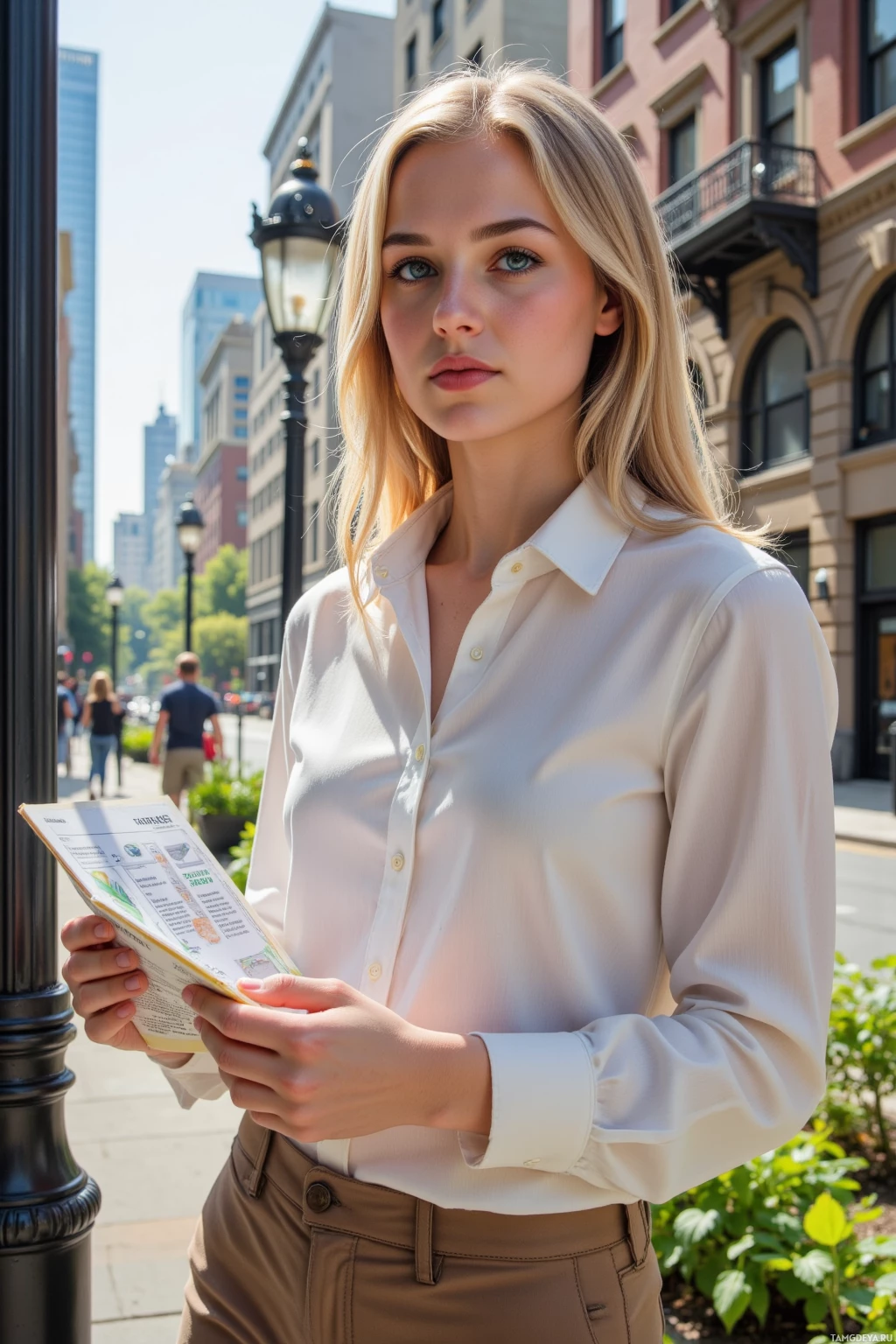A woman in a white blouse and beige pants stands on a city street, holding a map.