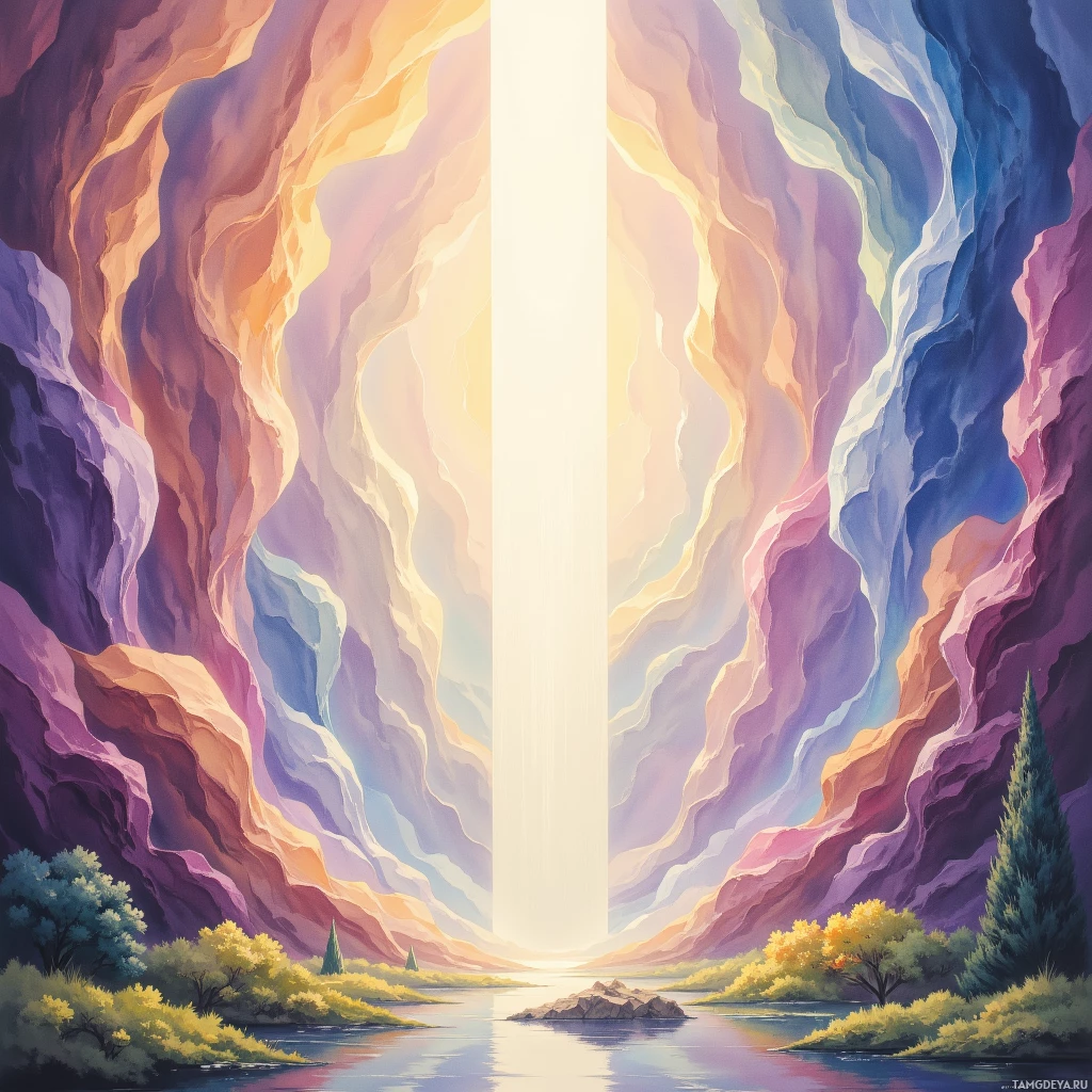 A vibrant, abstract landscape featuring colorful, wavy cliffs and a serene river.