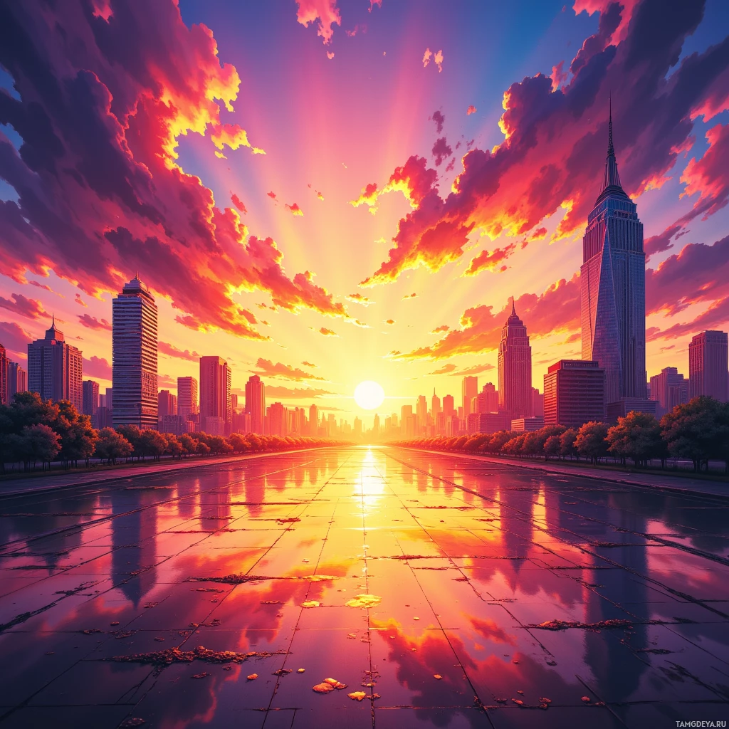 A vibrant cityscape at sunset with colorful clouds and reflections on wet pavement.