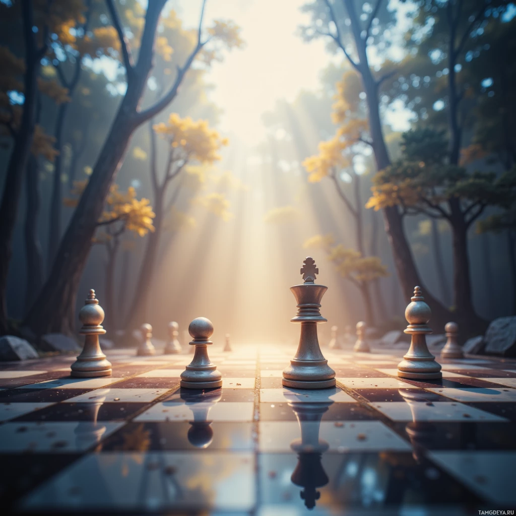 A serene forest scene with chess pieces on a reflective chessboard.