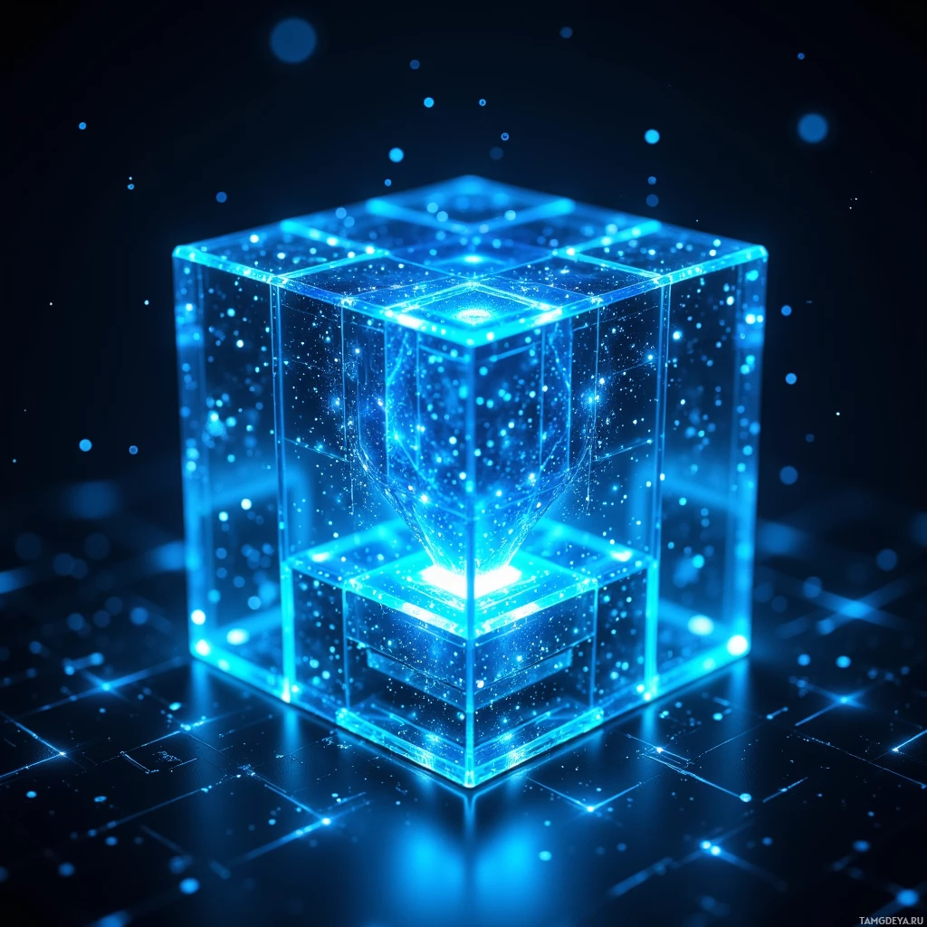 A glowing, transparent cube with a network-like pattern inside, set against a dark background.