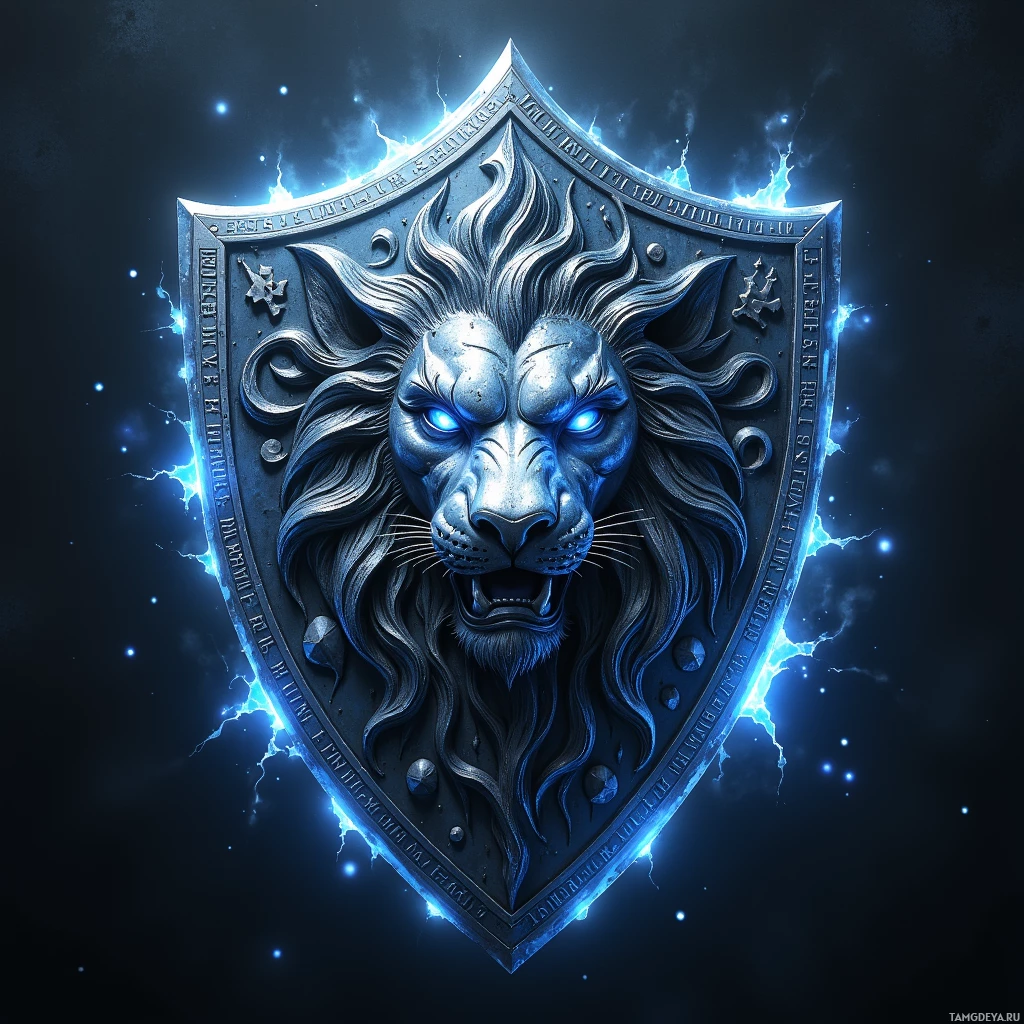 A metallic lion's head shield with glowing blue eyes and electric blue lightning effects.