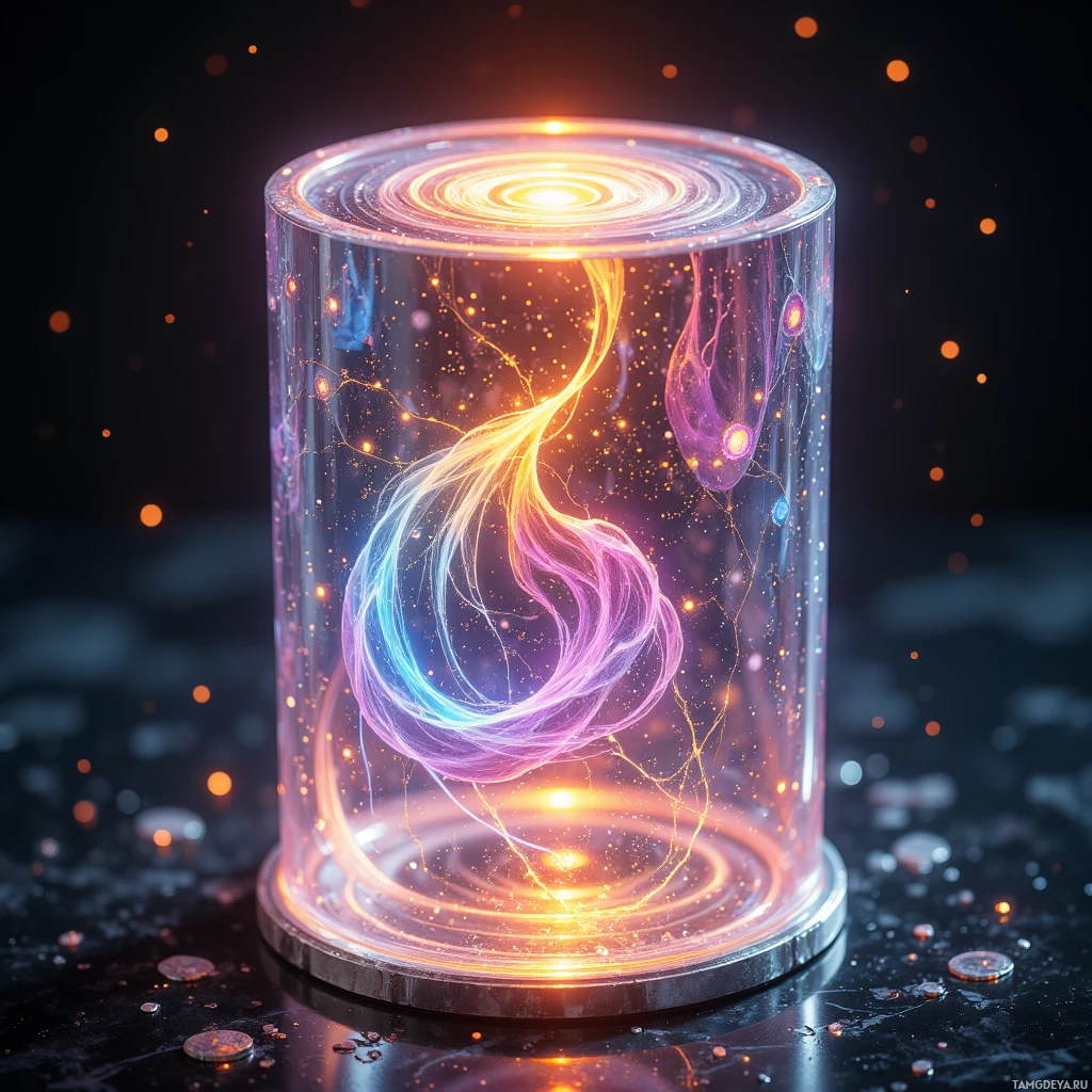 A glowing, abstract, cosmic-like structure inside a transparent cylindrical container.