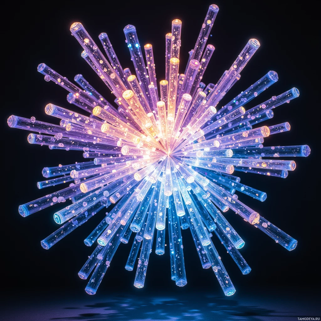 A burst of glowing, translucent tubes radiating outward against a dark background.