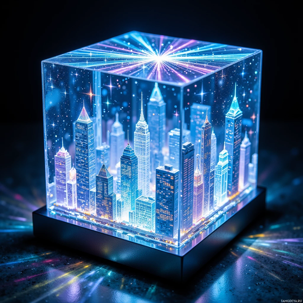 A glowing cube encasing a cityscape with skyscrapers and starry lights.