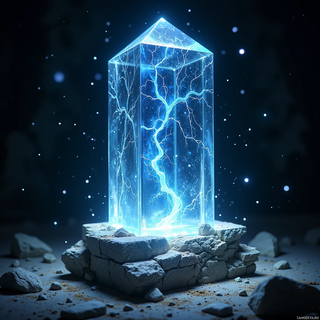 A glowing blue crystal structure with lightning-like patterns sits atop a rocky base against a starry night sky.