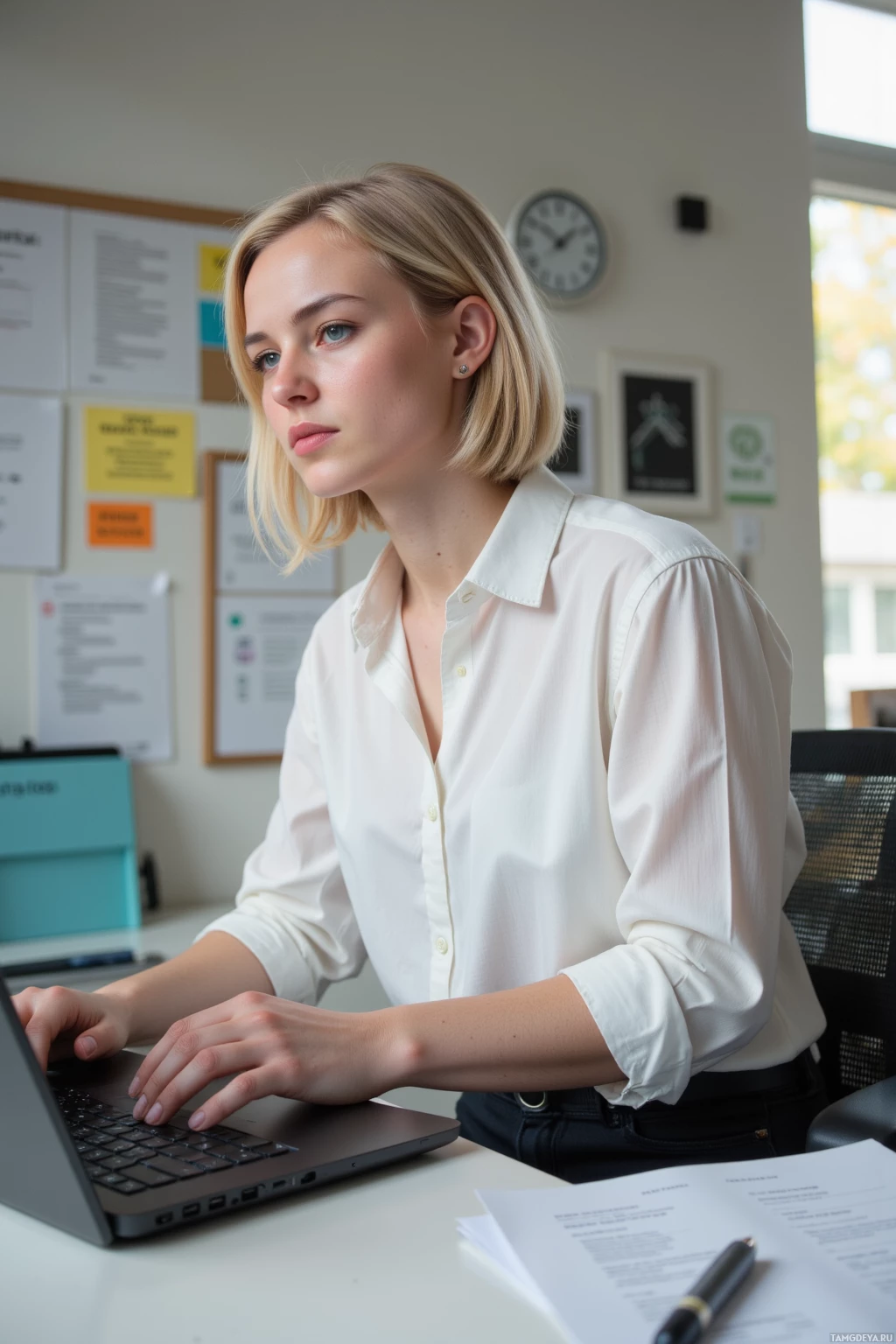 A woman in a white shirt is seated at a desk, working on a laptop.