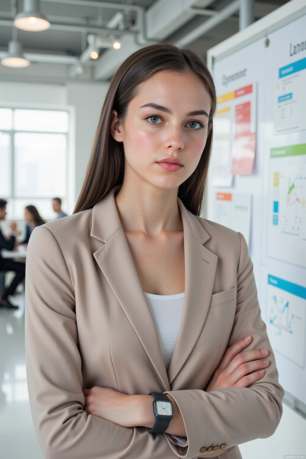 A woman in a professional setting with her arms crossed and wearing a beige blazer stands in front of a whiteboard filled with charts and graphs.