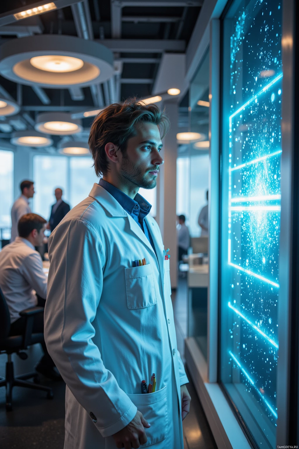 A man in a lab coat stands in a modern office, looking at a glowing, futuristic display.