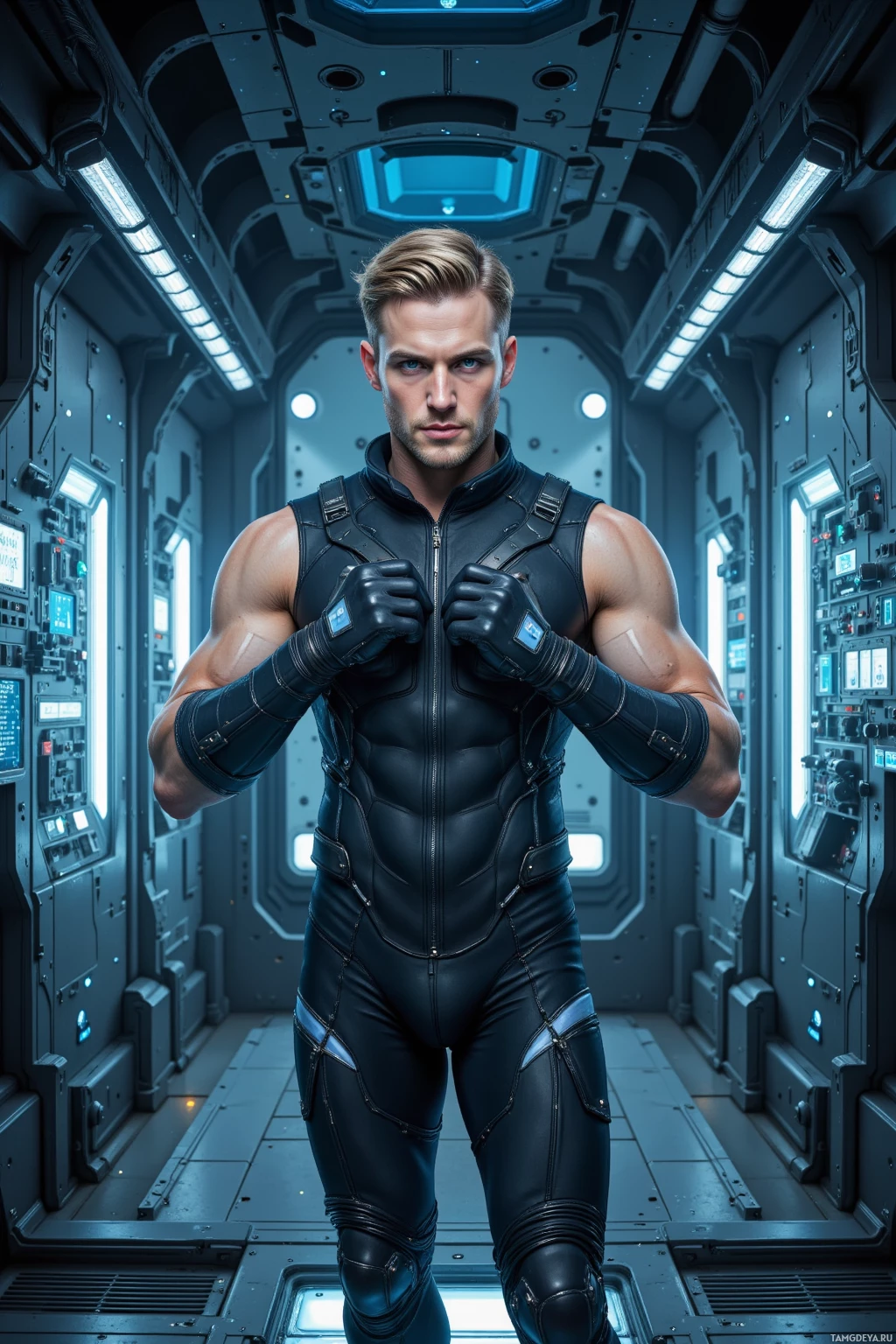 A muscular individual in a futuristic, armored suit stands in a high-tech corridor.