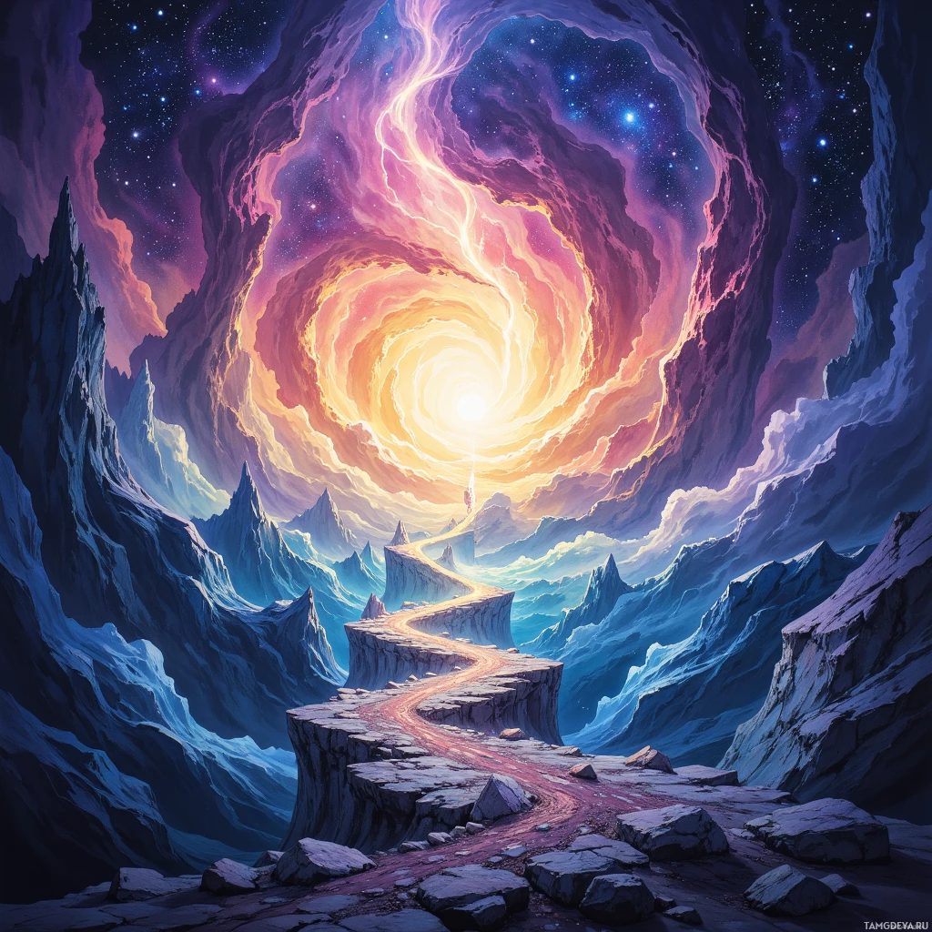A fantastical landscape featuring a winding path leading towards a glowing portal in the sky surrounded by starry clouds and jagged mountains.