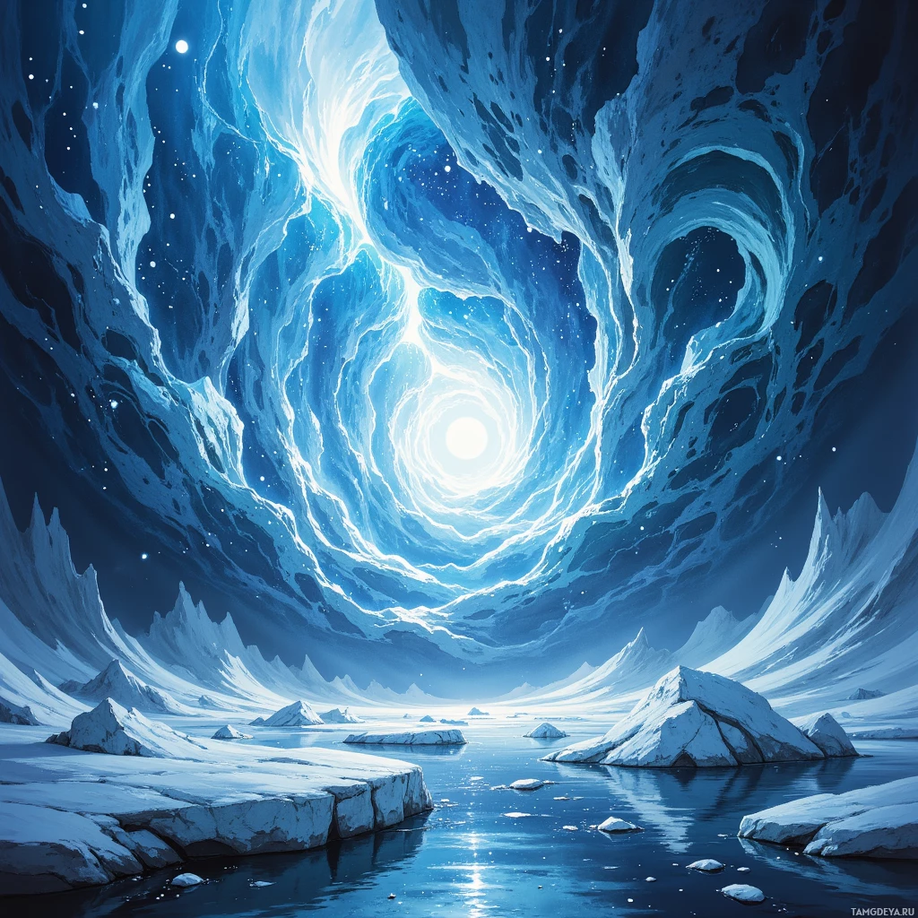 A serene, icy landscape with a glowing, starry sky and a central, radiant light source.