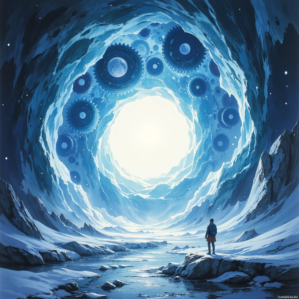 A person stands at the edge of a snowy landscape, gazing into a glowing, mechanical tunnel.