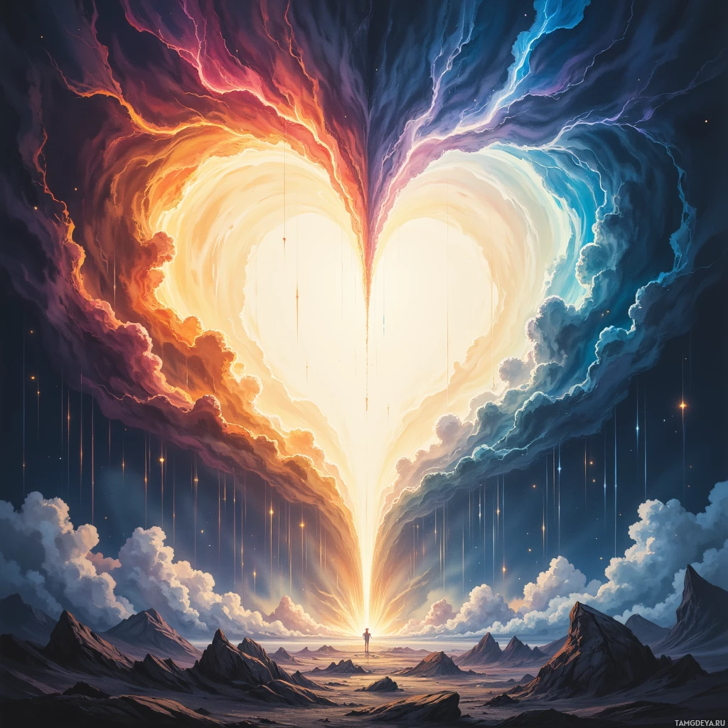 A heart-shaped sky with vibrant colors and a glowing center, surrounded by clouds and distant mountains.