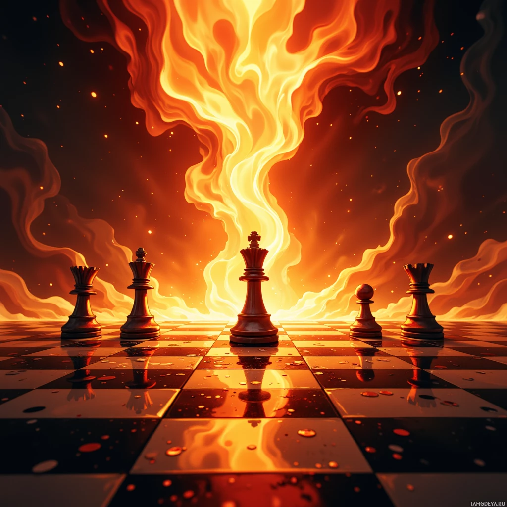 A fiery chessboard scene with a king at the center, surrounded by other pieces, and a dramatic burst of flames above.