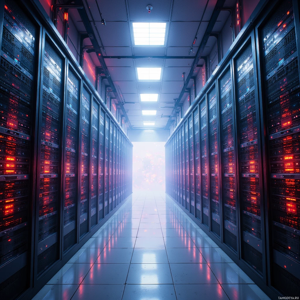 A server room with rows of server racks illuminated by red and blue lights.