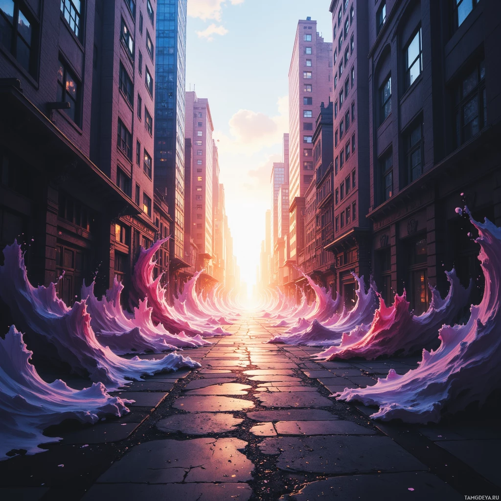 A surreal cityscape with vibrant pink and purple waves emerging from the ground, leading towards a bright sunlit horizon.