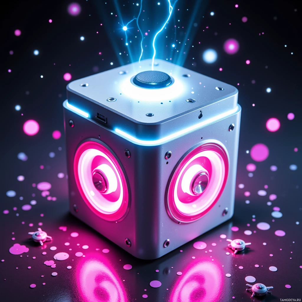 A futuristic, metallic cube with glowing pink and blue lights and a small drone nearby.