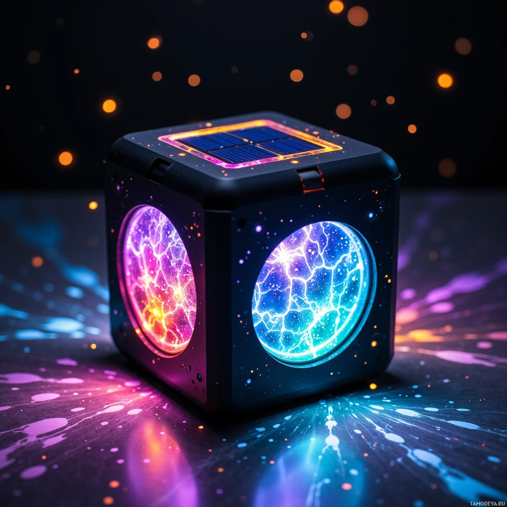 A glowing cube with vibrant, colorful energy spheres on its faces sits against a cosmic background.