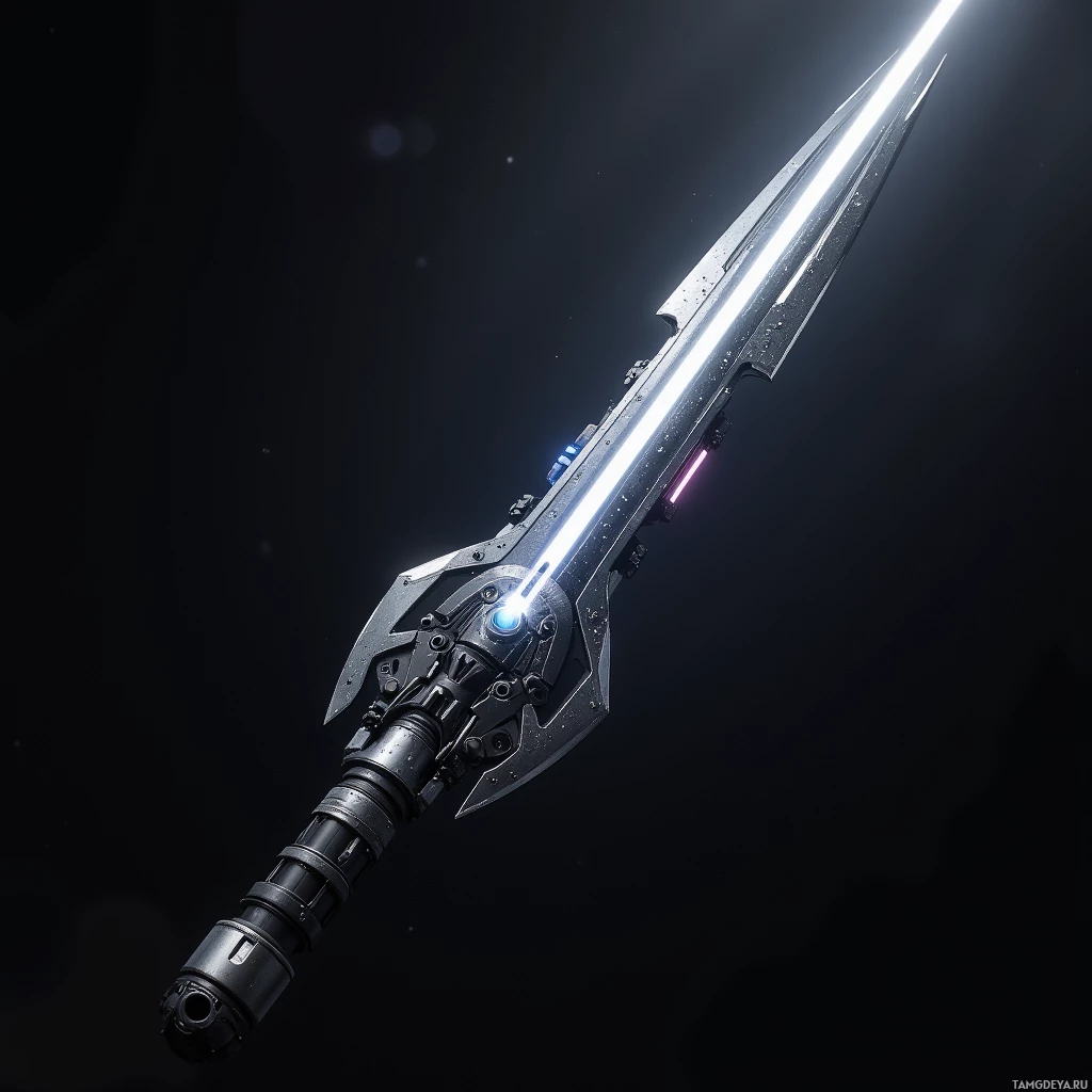 A futuristic, metallic sword with glowing elements against a dark background.