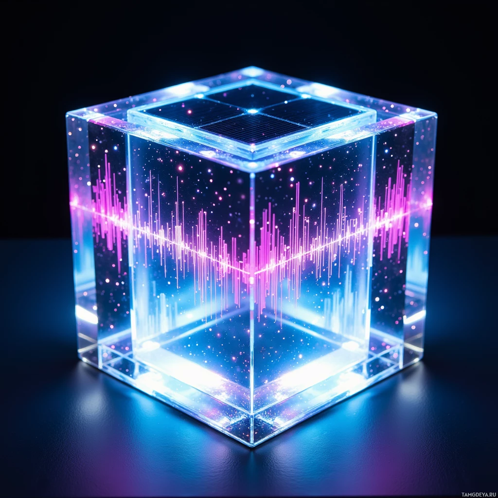 A glowing, transparent cube with a futuristic design and vibrant light patterns inside.