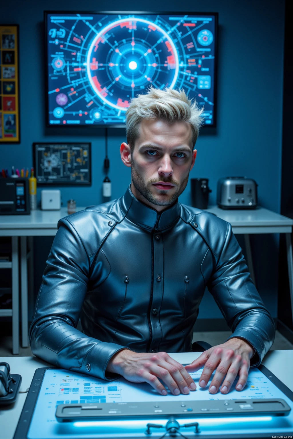 A person in a shiny jacket sits at a desk with a futuristic display in the background.
