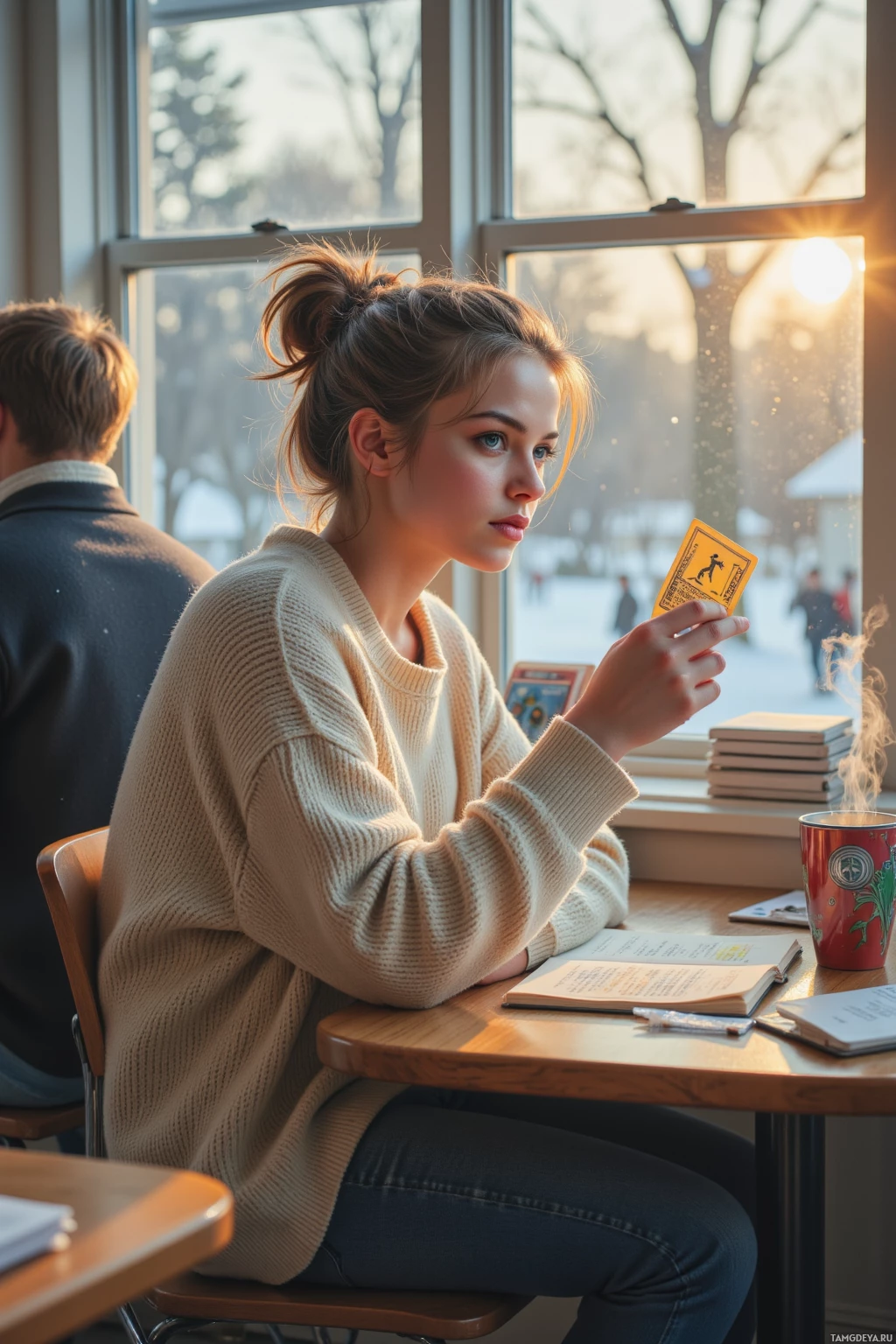 A person sits at a desk in front of large windows, holding up a small yellow card with a pedestrian crossing symbol while studying or reading.