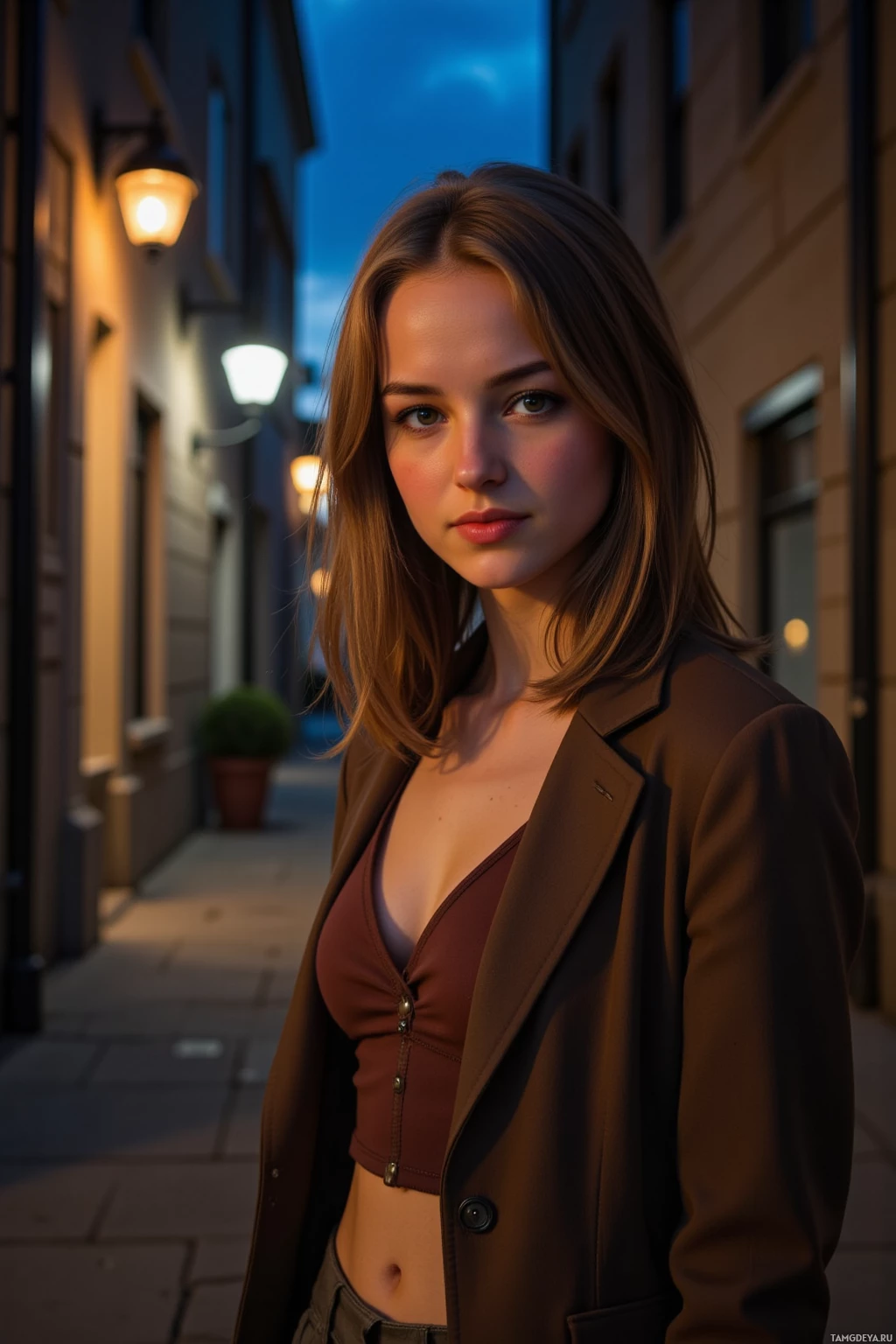 A woman stands in a dimly lit alleyway at dusk, wearing a brown blazer over a dark top.