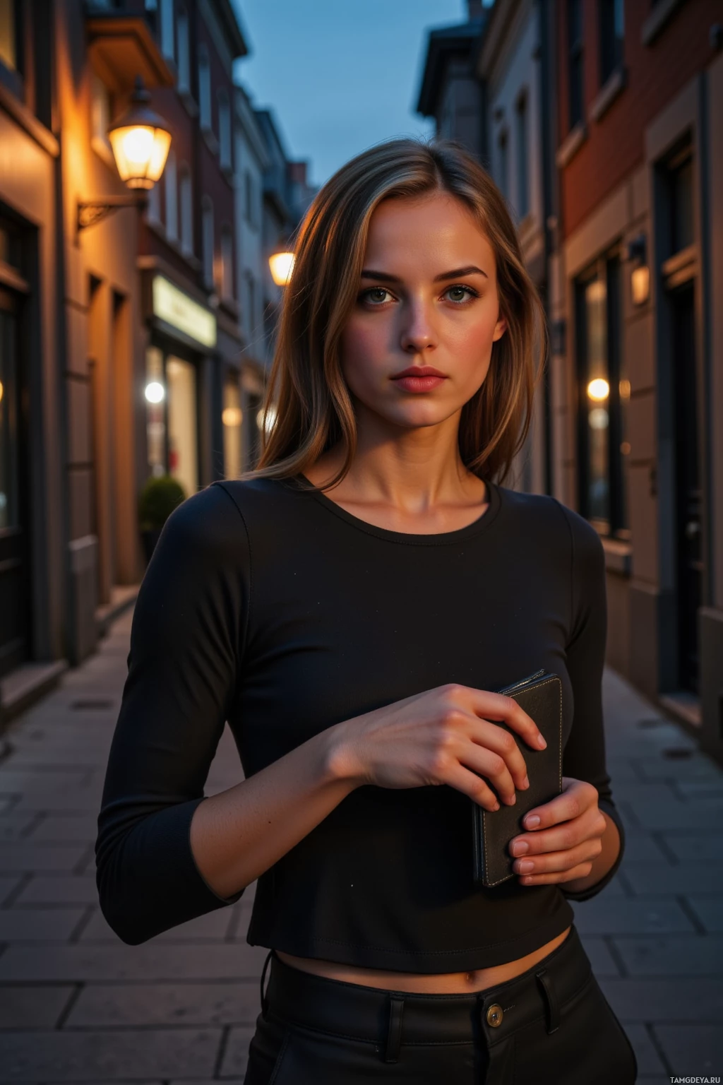 A person stands on a street at dusk, holding a wallet, wearing a black top and pants.