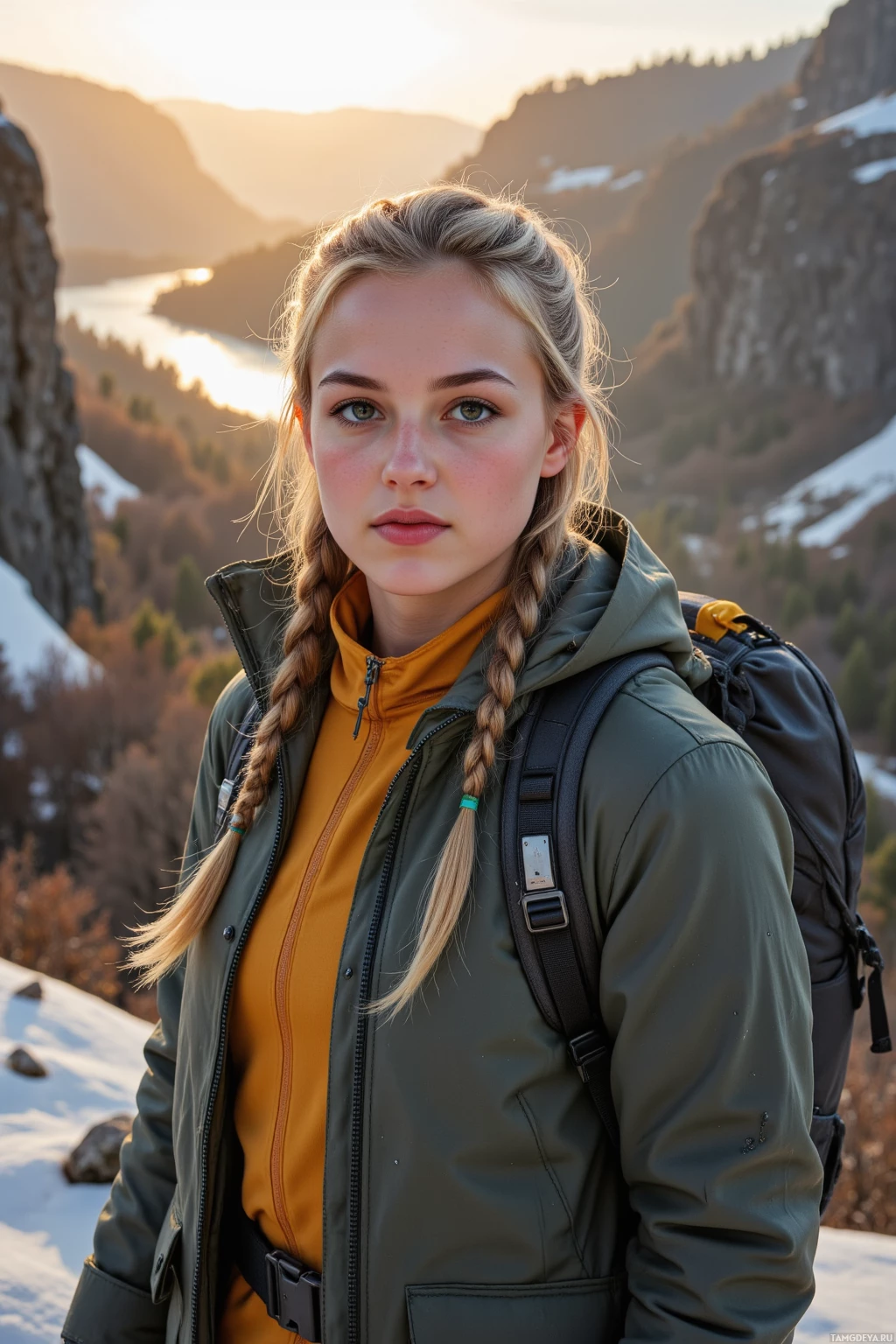 A person wearing a green jacket and a yellow shirt stands in a mountainous landscape with a backpack.