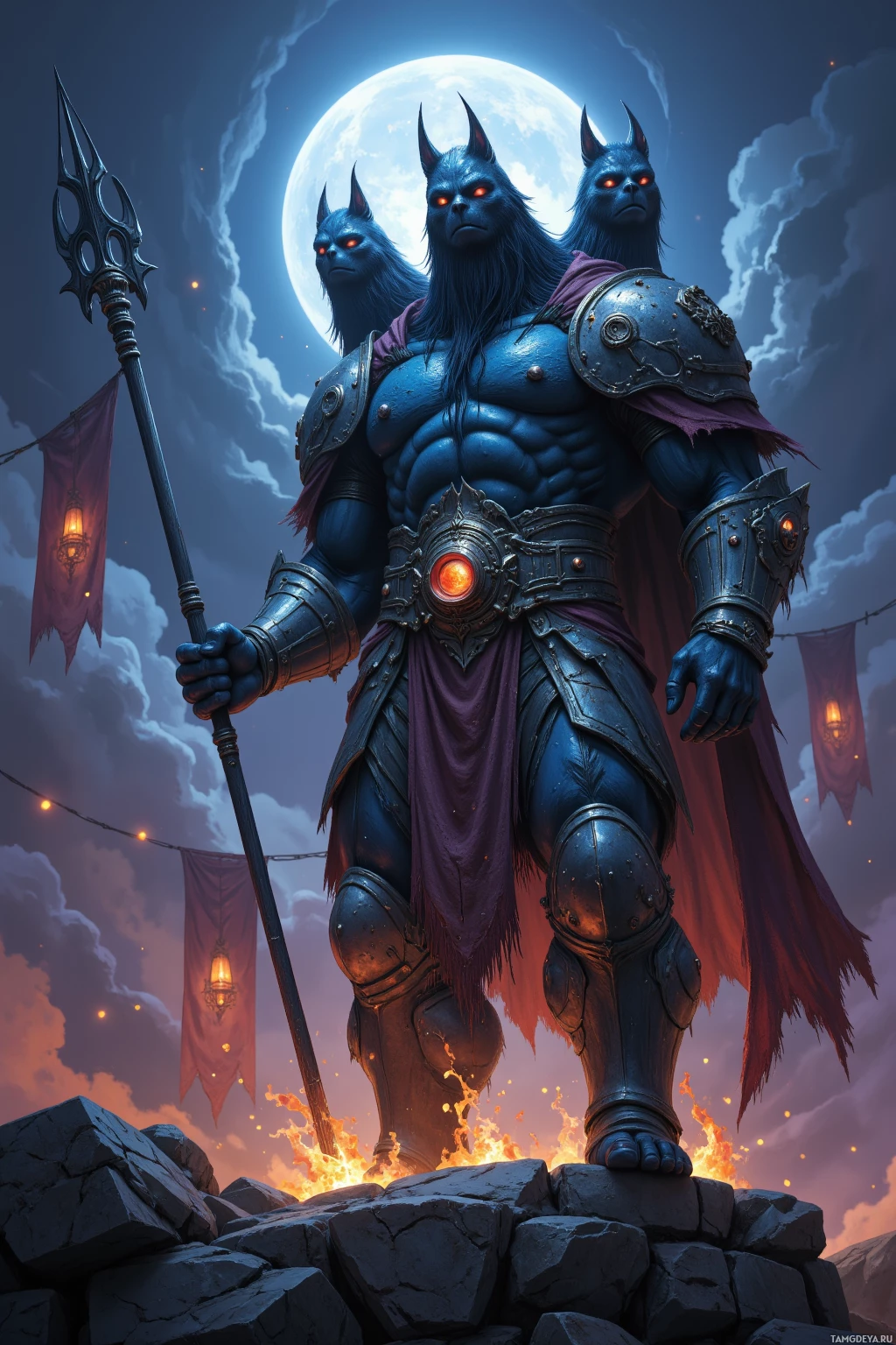 A muscular, armored figure with a spear stands atop a rocky outcrop, with a full moon and banners in the background.