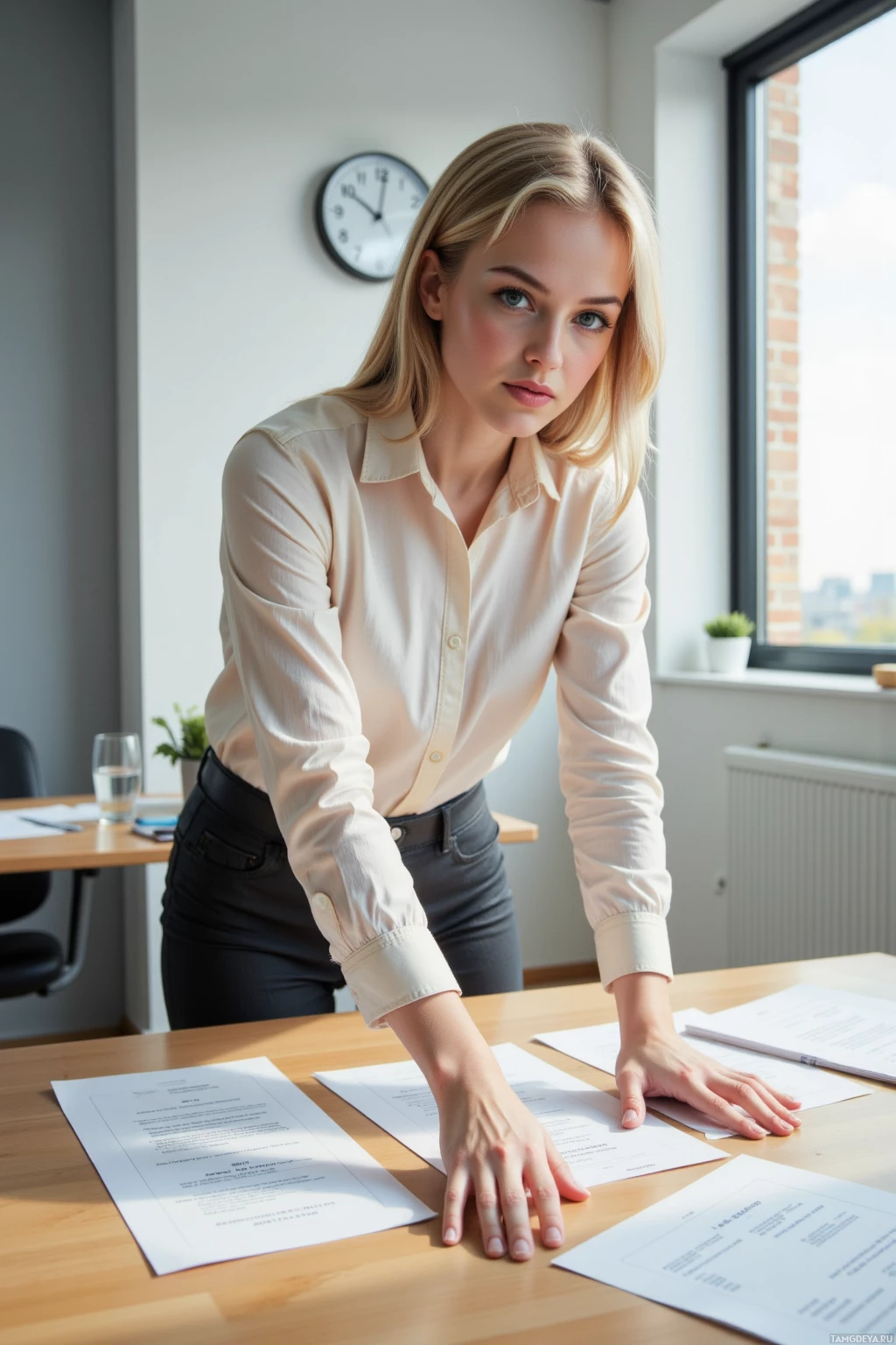 A woman leans over a desk with papers in an office setting.