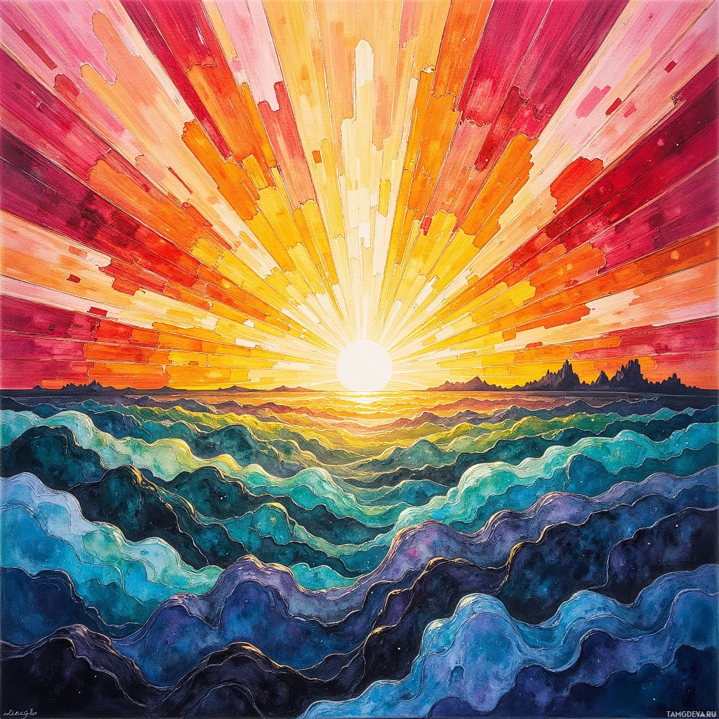 A vibrant painting of a sunrise over a wavy ocean, with radiant rays of light and colorful waves.