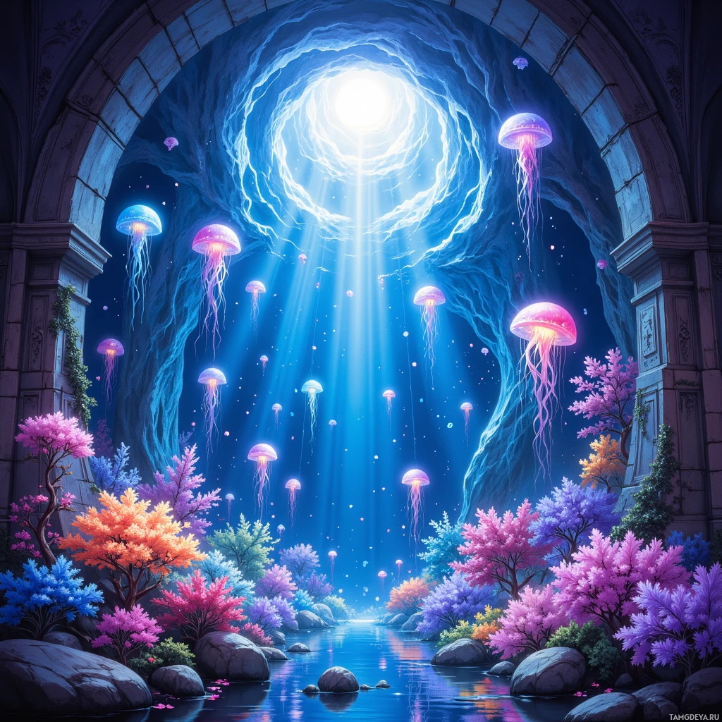 A fantastical scene featuring glowing jellyfish and vibrant, colorful trees in a mystical, illuminated cave.
